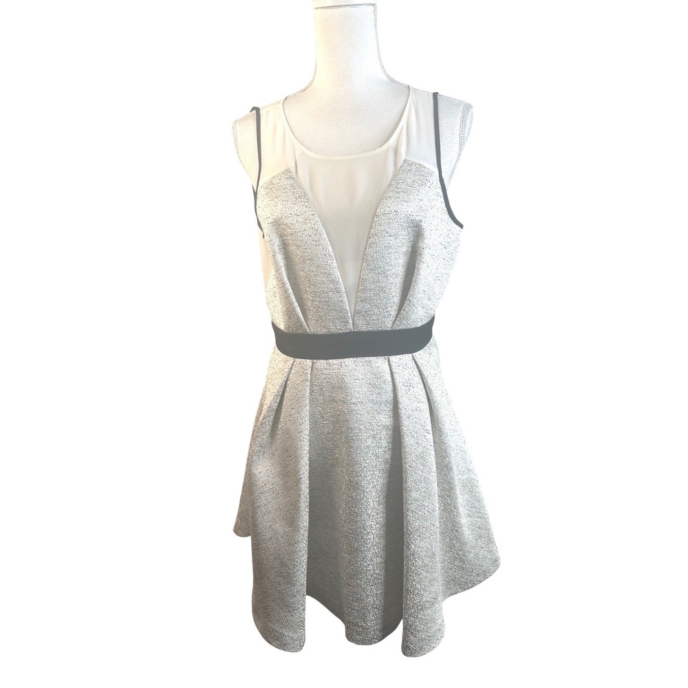 BCBGeneration Silver Metallic Sheer‎ Mixed Media Fit and Flare Dress Size 8
